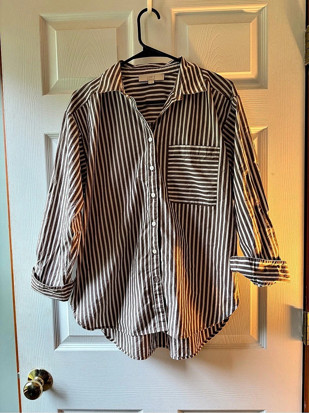 LOFT Striped Everyday Oversized Shirt Brown & White Medium